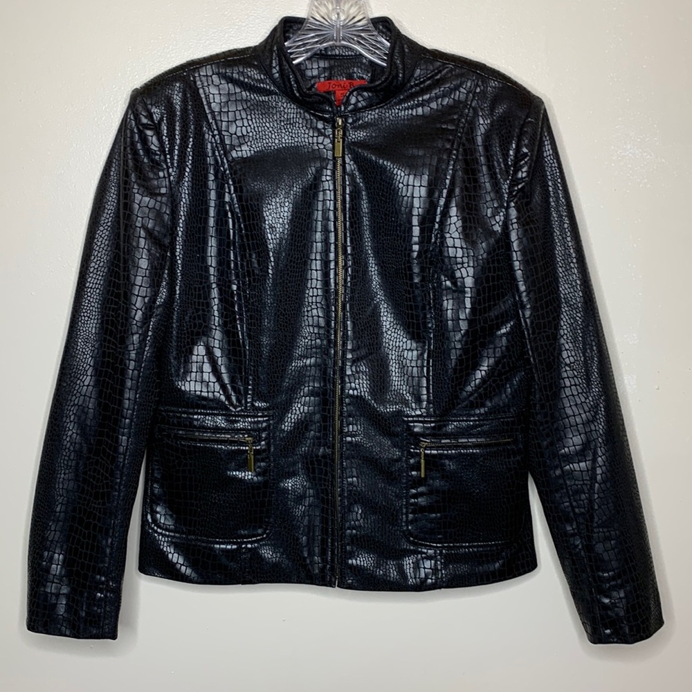 TONI B Vegan Leather Jacket Zip Front Croc Pattern Mock Neck Small